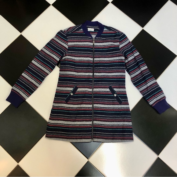Bridge & Burn Portland Long Utility Jacket Navy Stripe Purple Chore Coat Small - Picture 1 of 8
